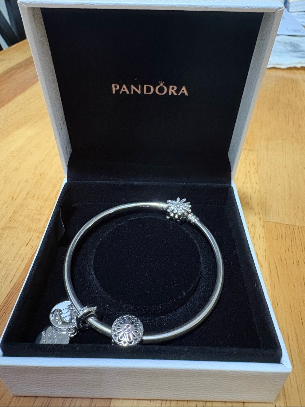 Pandora Silver The Best is Yet To Come Charm Bangle Bracelet with snowflakeClasp